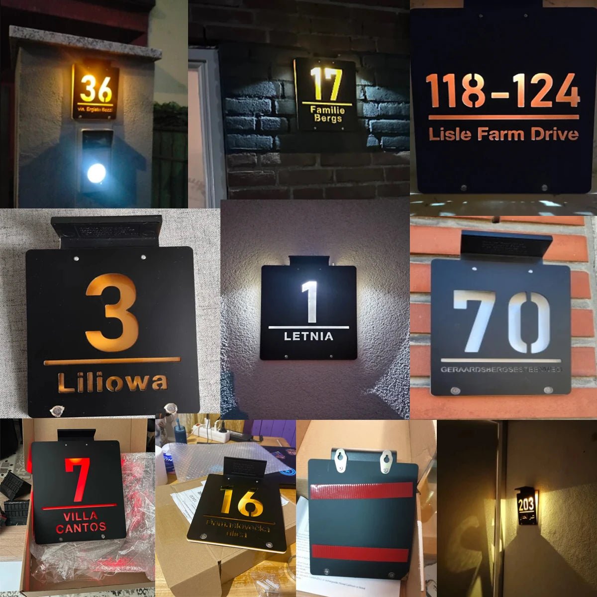 Personalized House Number Outdoor LED Solar illuminated Door Number Solar Lights Outdoor Door Sign 3D Cut Acrylic Door Plate - Amiko Decor