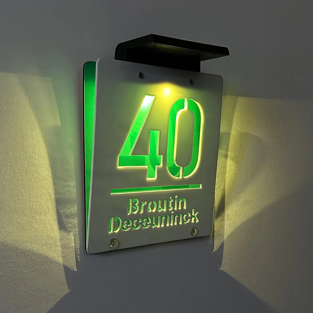 Personalized House Number Outdoor LED Solar illuminated Door Number Solar Lights Outdoor Door Sign 3D Cut Acrylic Door Plate - Amiko Decor